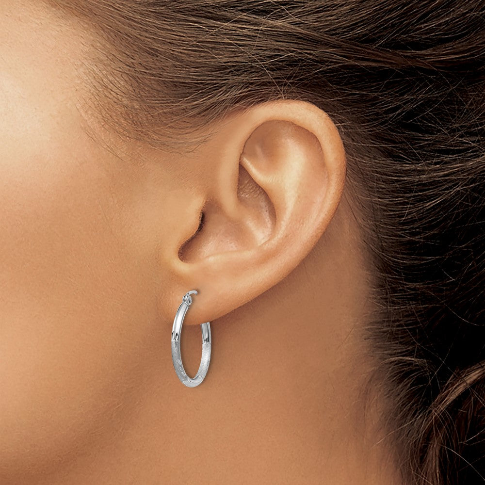 14K White Gold Satin and Diamond-cut 2mm Round Hoop Earrings