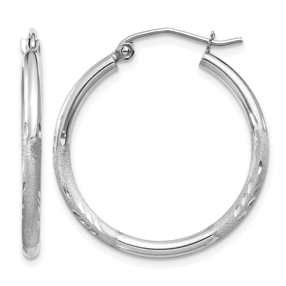 14K White Gold Satin and Diamond-cut 2mm Round Hoop Earrings