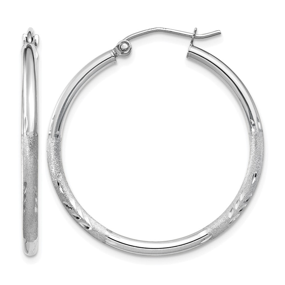14K White Gold Satin and Diamond-cut 2mm Round Hoop Earrings