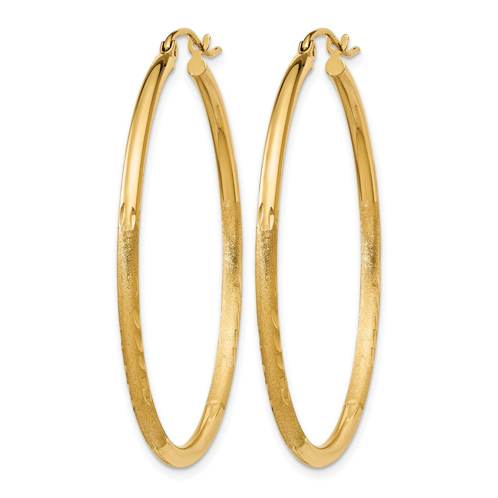 14K Satin and Diamond-cut 2mm Round Tube Hoop Earrings