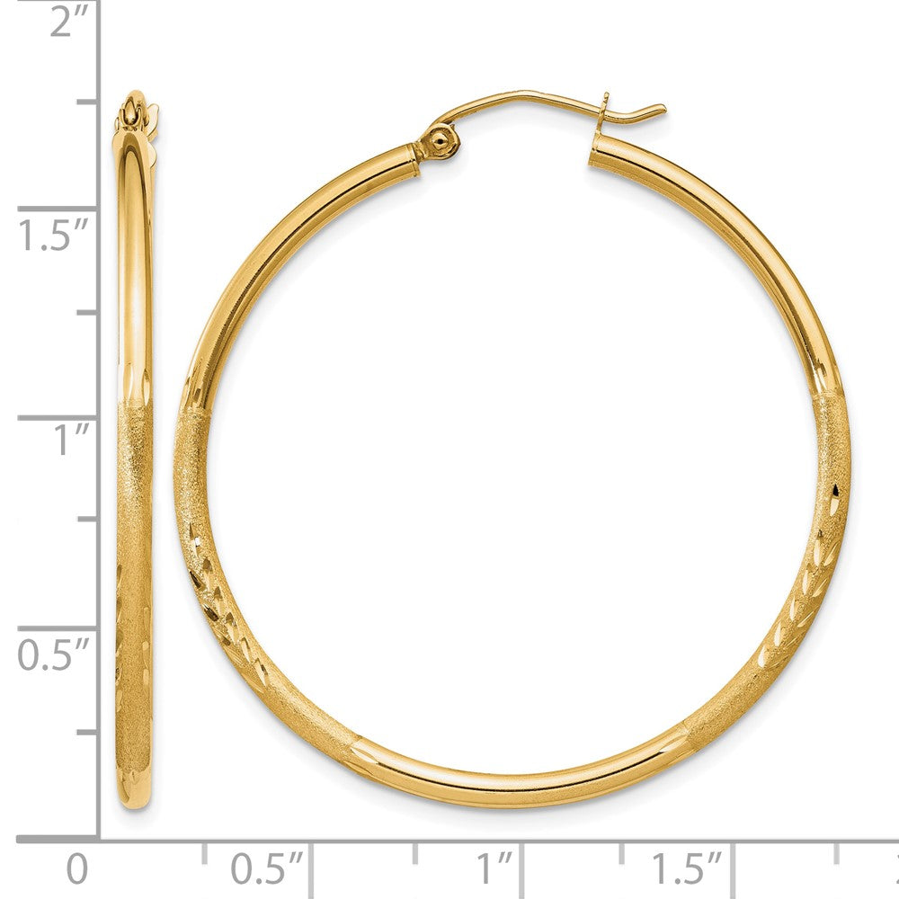 14K Satin and Diamond-cut 2mm Round Tube Hoop Earrings