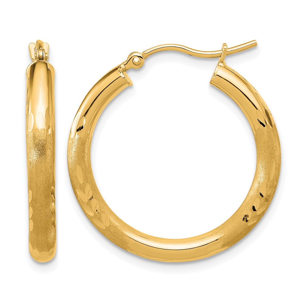 14K Satin and Diamond-cut 3mm Round Hoop Earrings