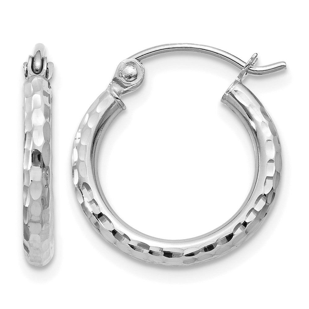 14K White Gold Diamond-cut 2mm Round Tube Hoop Earrings