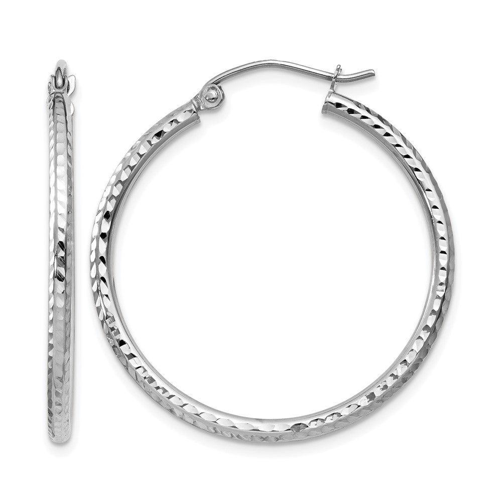 14K White Gold Diamond-cut 2mm Round Tube Hoop Earrings