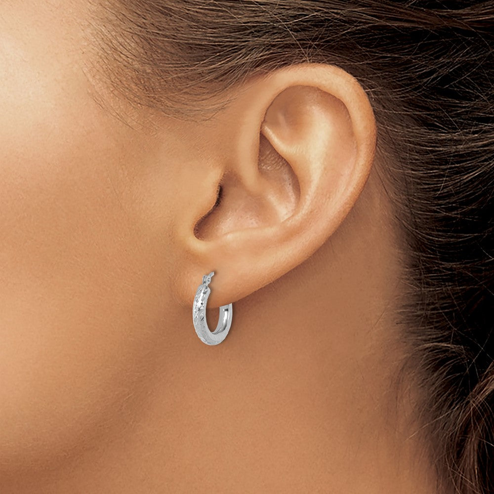 14K White Gold Diamond-cut 3mm Round Hoop Earrings