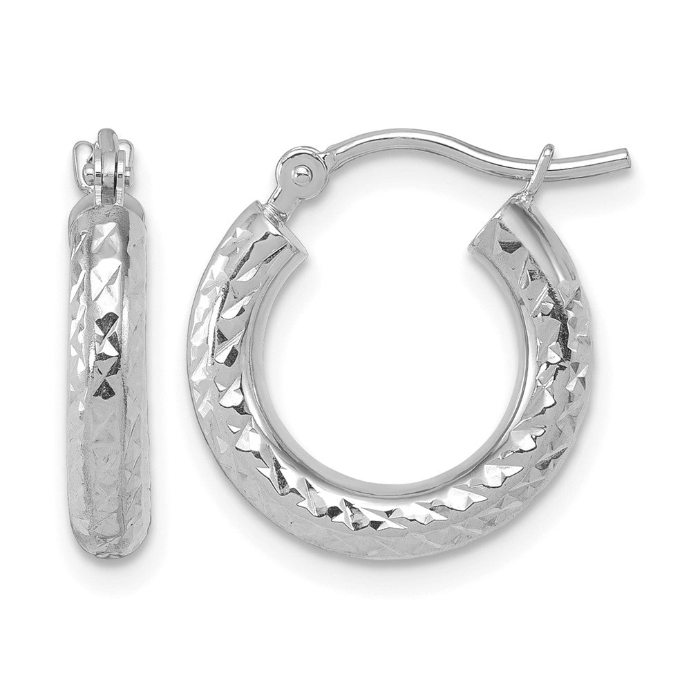 14K White Gold Diamond-cut 3mm Round Hoop Earrings