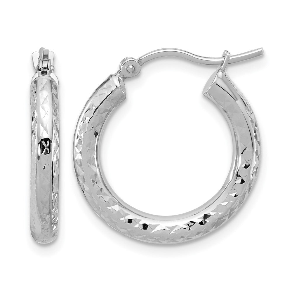 14K White Gold Diamond-cut 3mm Round Hoop Earrings