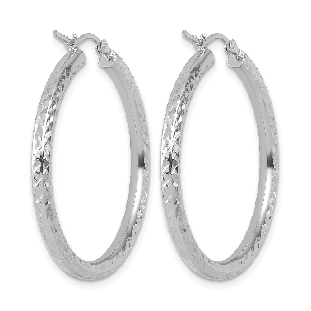 14K White Gold Diamond-cut 3mm Round Hoop Earrings