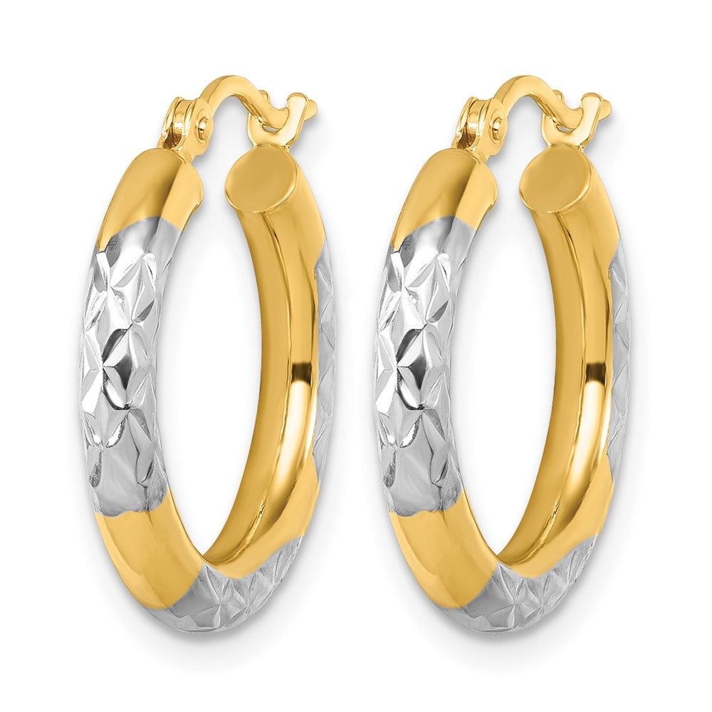 14K with Rhodium Diamond Cut 3mm Hoop Earrings