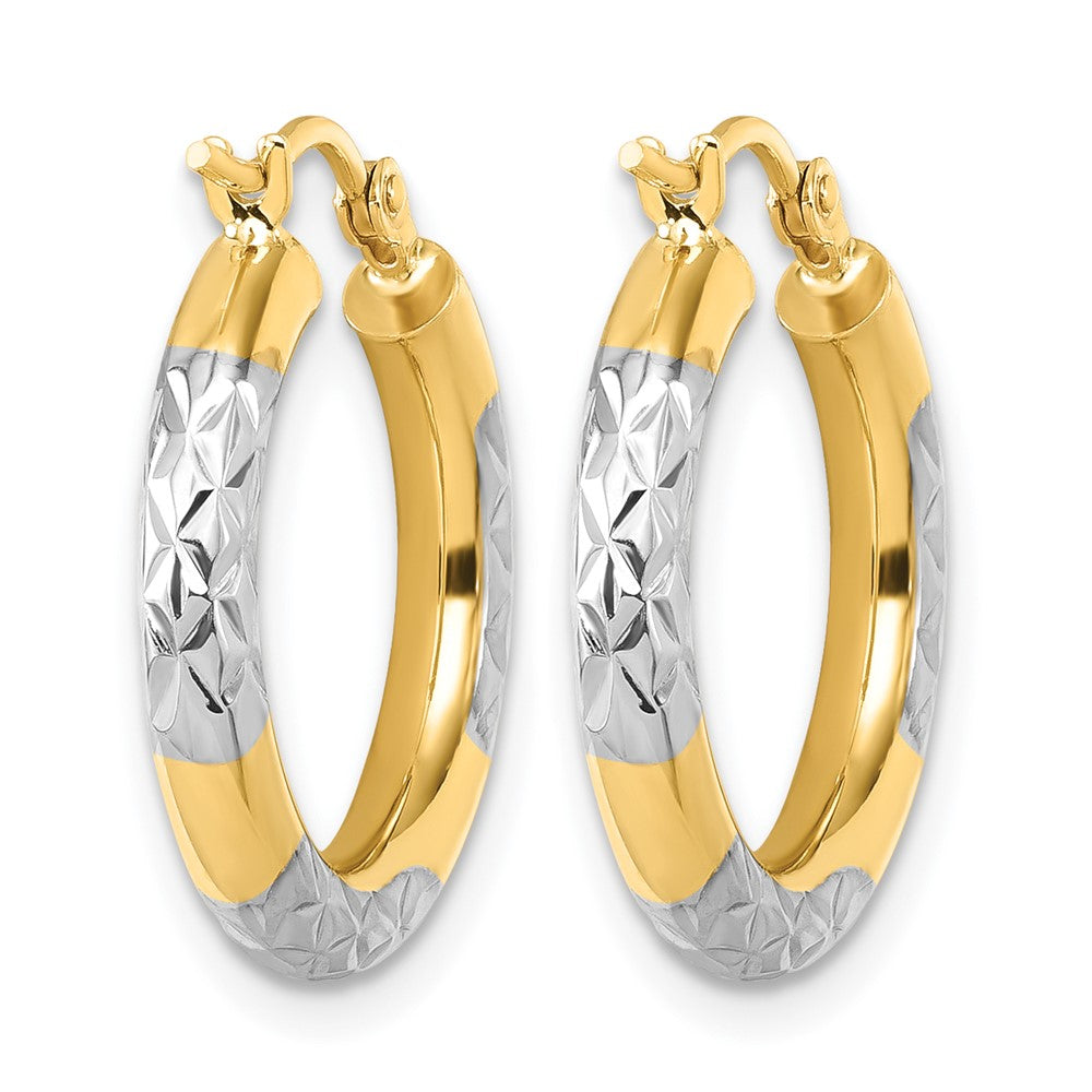 14K with Rhodium Diamond Cut 3mm Hoop Earrings