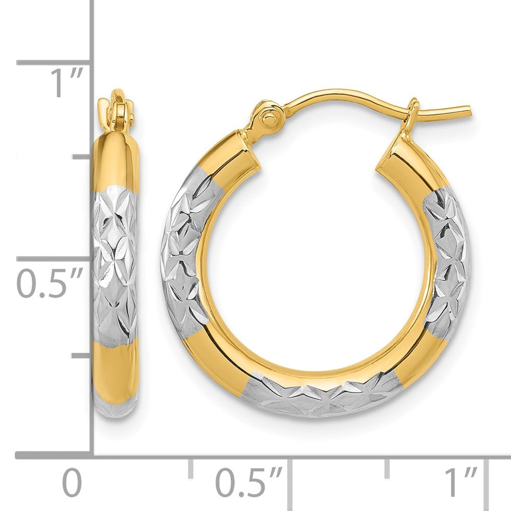 14K with Rhodium Diamond Cut 3mm Hoop Earrings