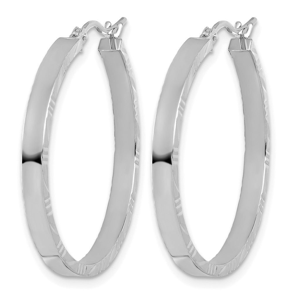 14K White Gold Diamond-cut Edge Large 3mm Polished Hoop Earrings