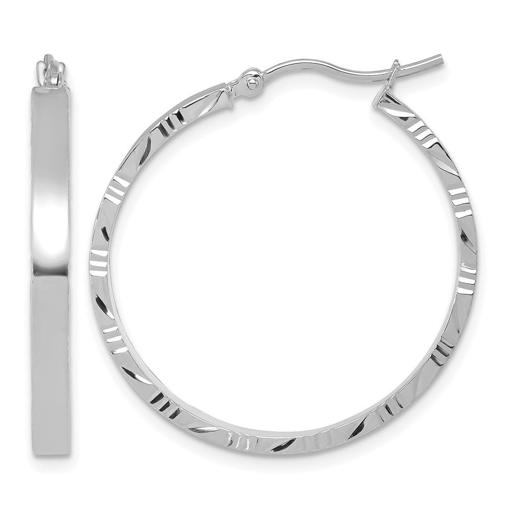 14K White Gold Diamond-cut Edge Large 3mm Polished Hoop Earrings