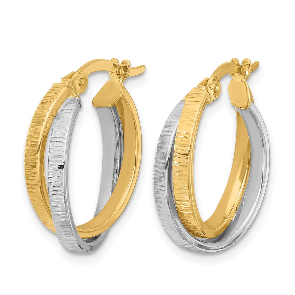 14K Two-tone Polished and Textured Bypass Hoop Earrings