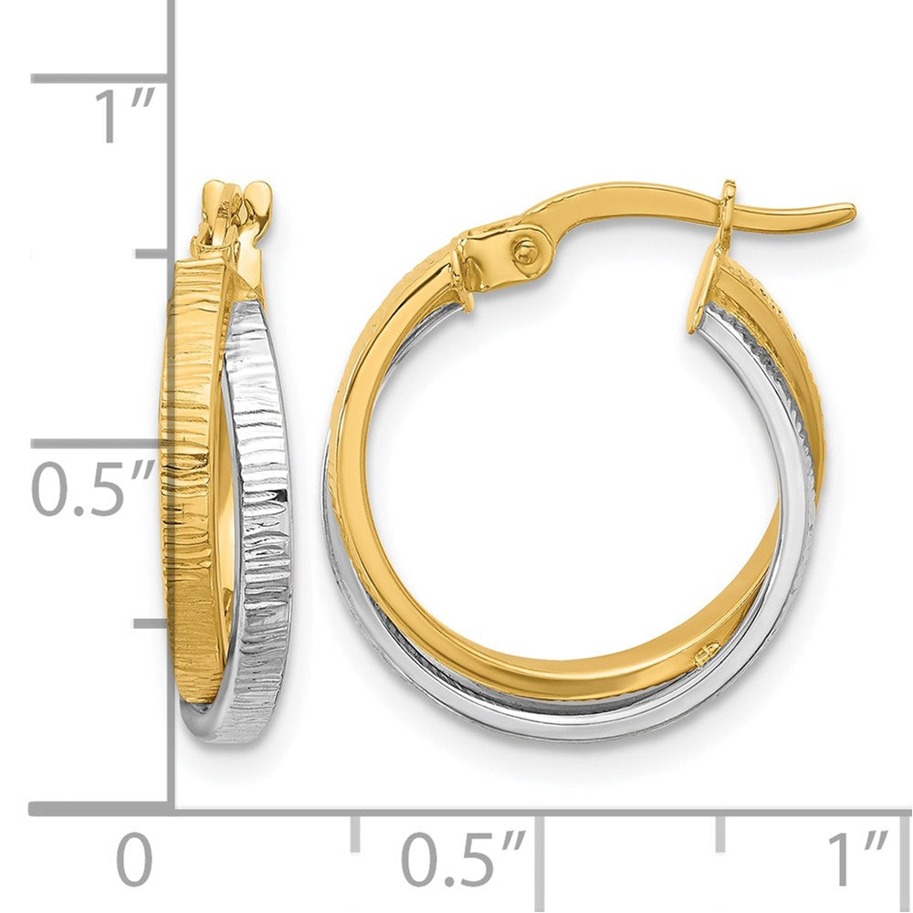 14K Two-tone Polished and Textured Bypass Hoop Earrings