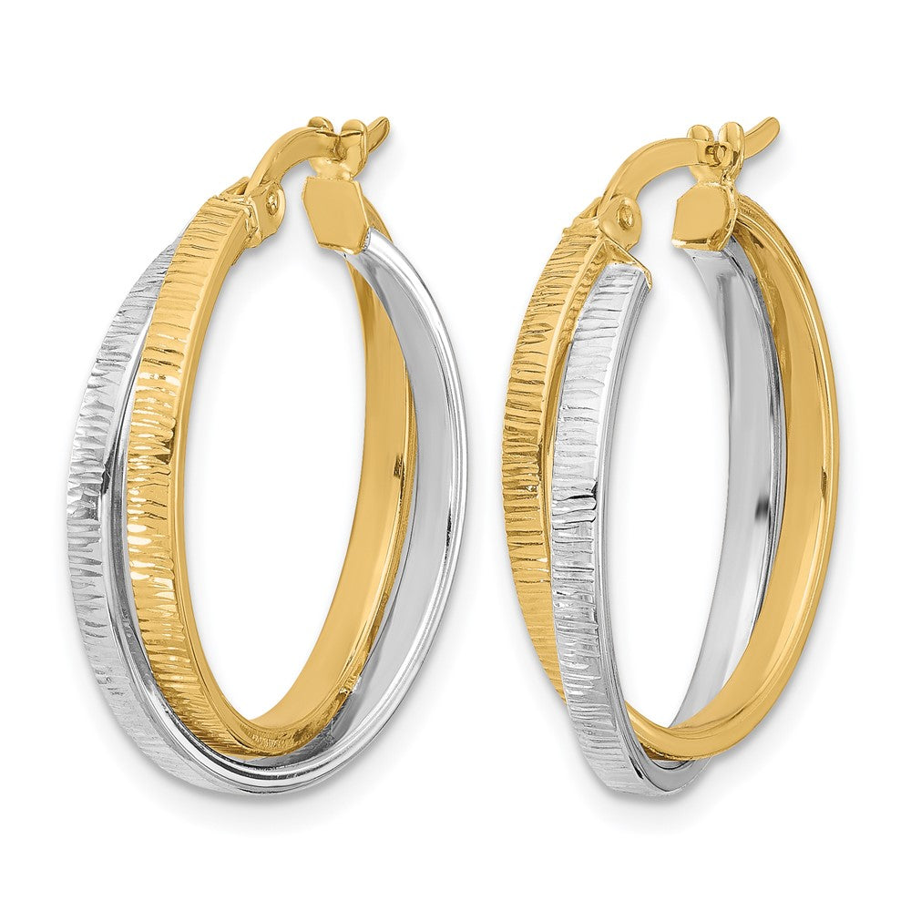 14K Two-tone Polished and Textured Bypass Hoop Earrings