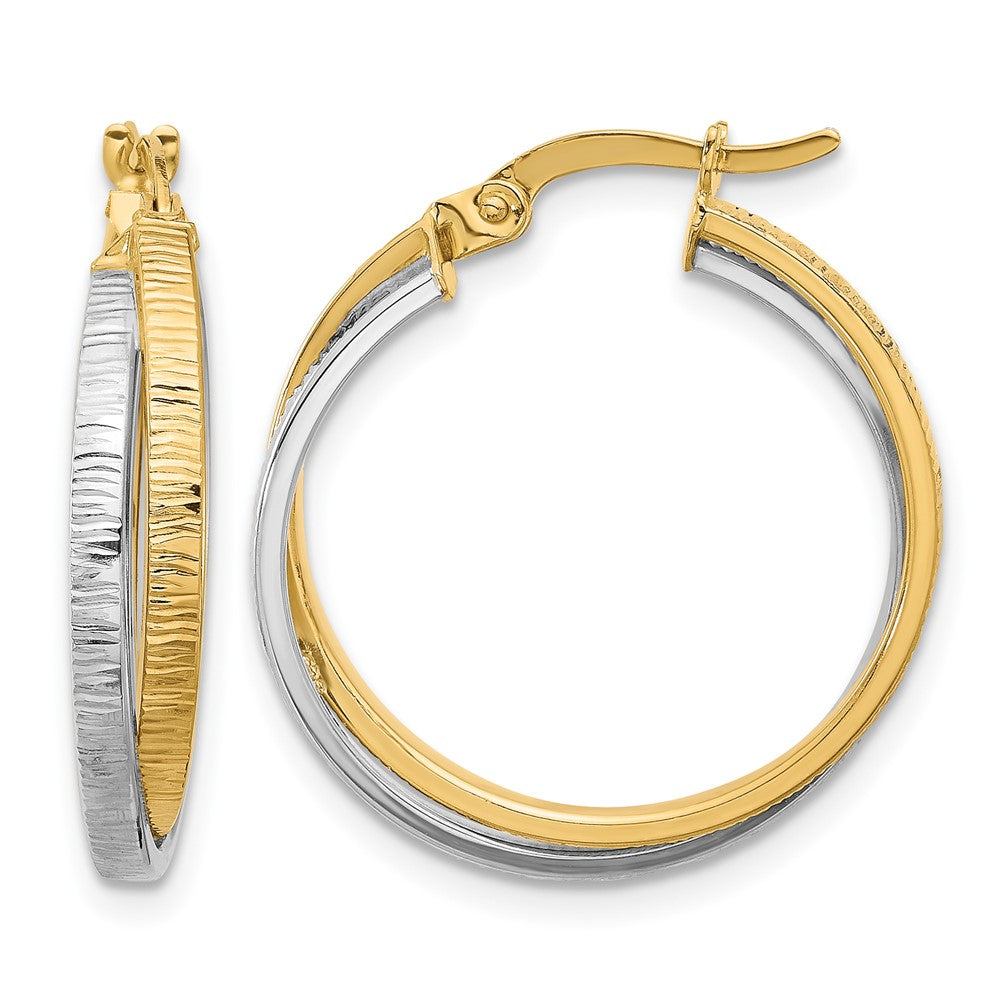 14K Two-tone Polished and Textured Bypass Hoop Earrings