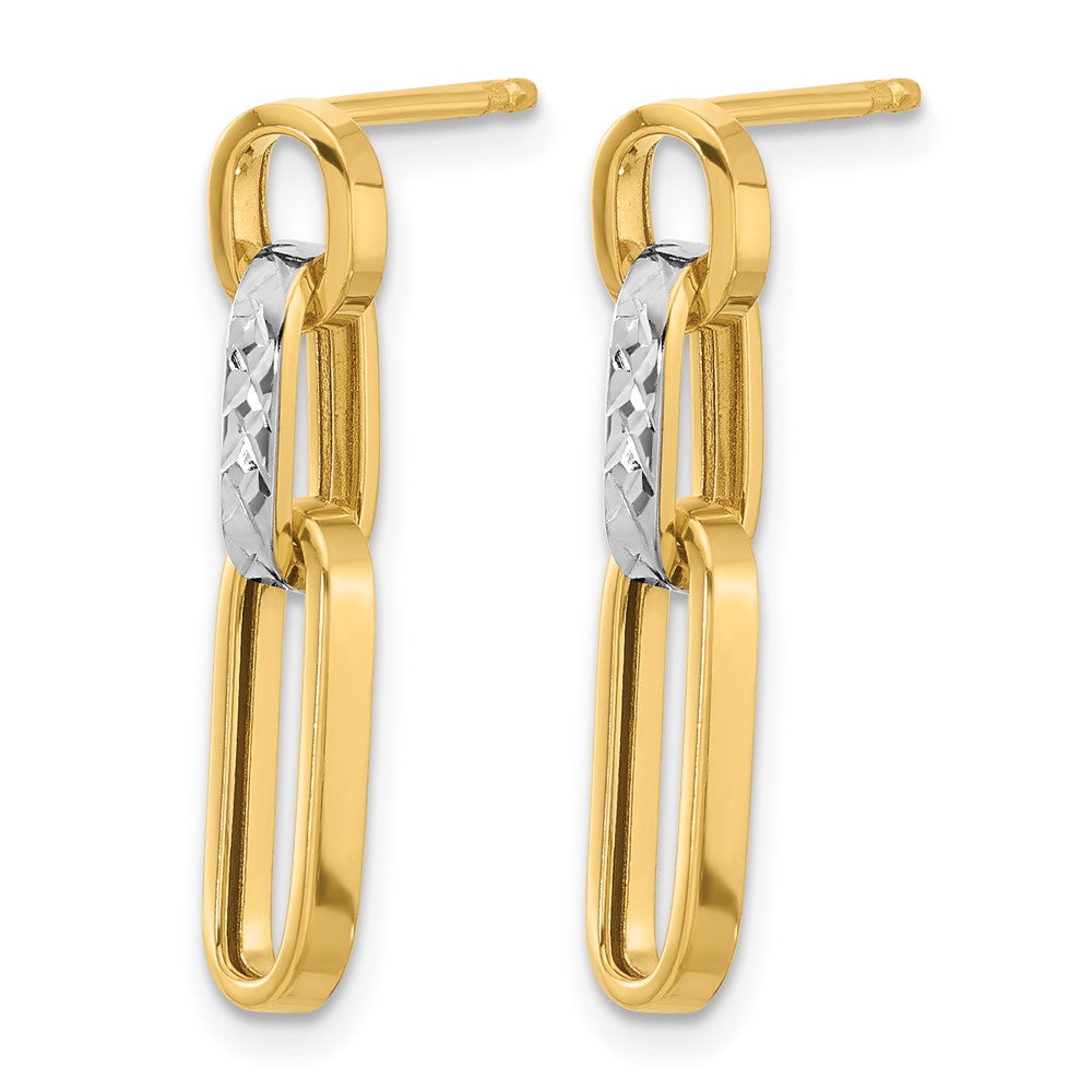 14K with Rhodium Polished and Diamond-cut Link Dangle Post Earrings