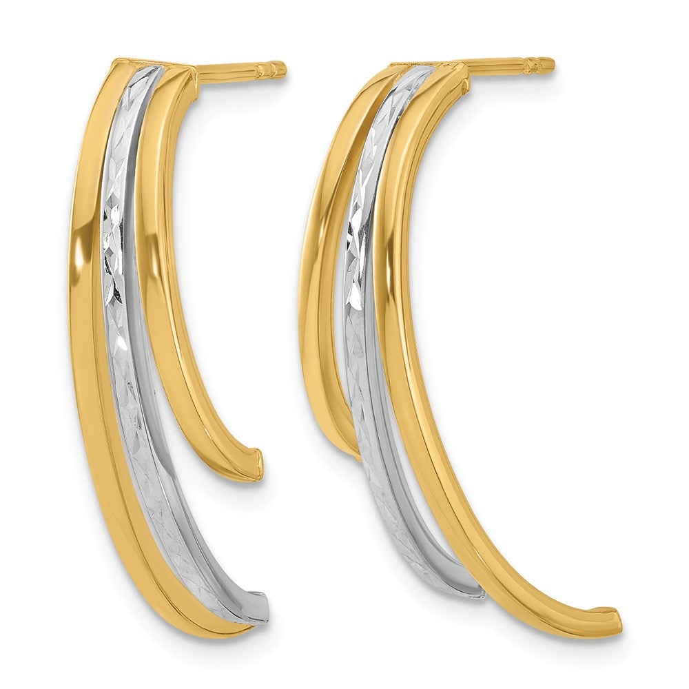 14K with Rhodium Polished and Diamond-cut 3-Row Drop Post Earrings