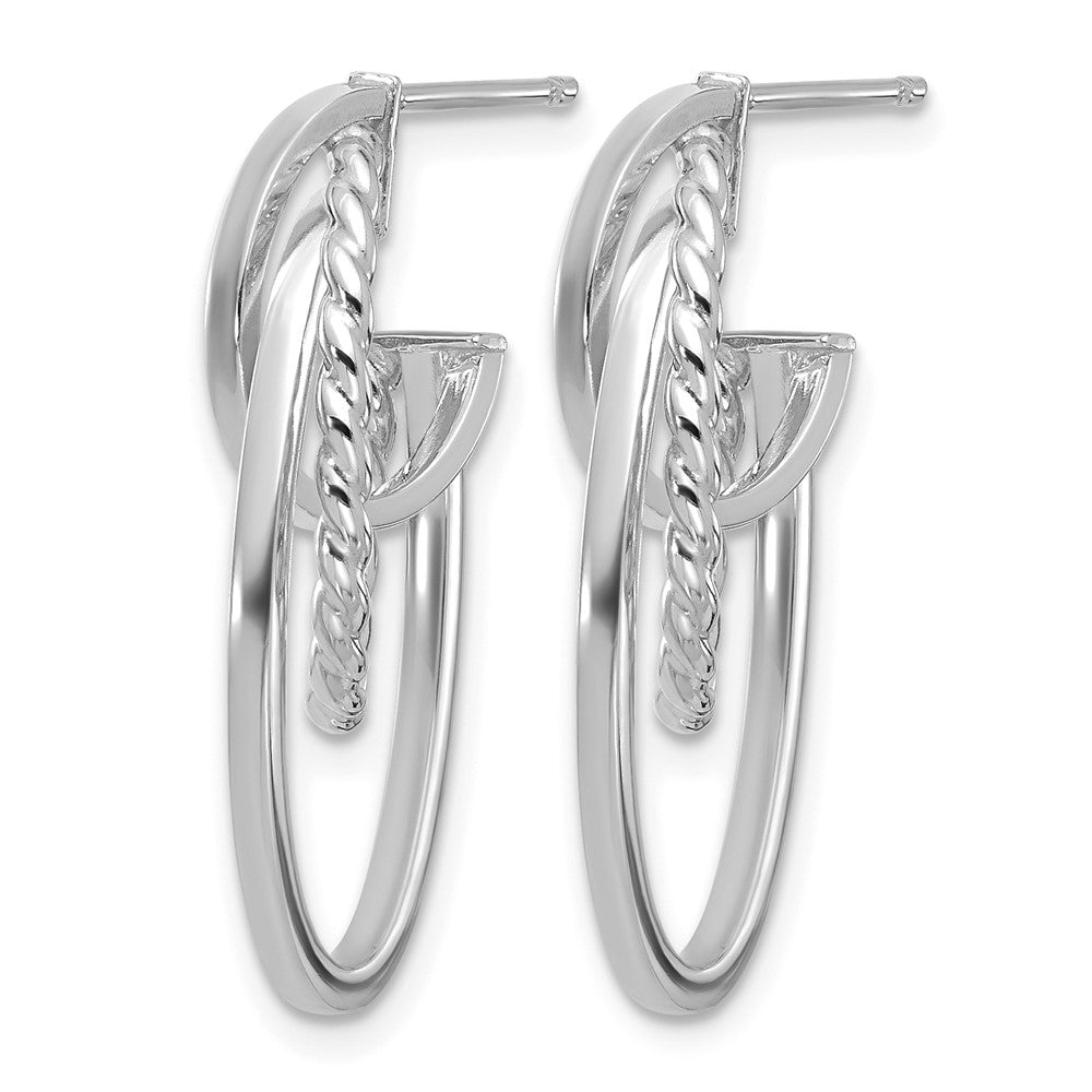 14K with White RH-plating Polish/ Twisted Oval J-Hoop Earrings