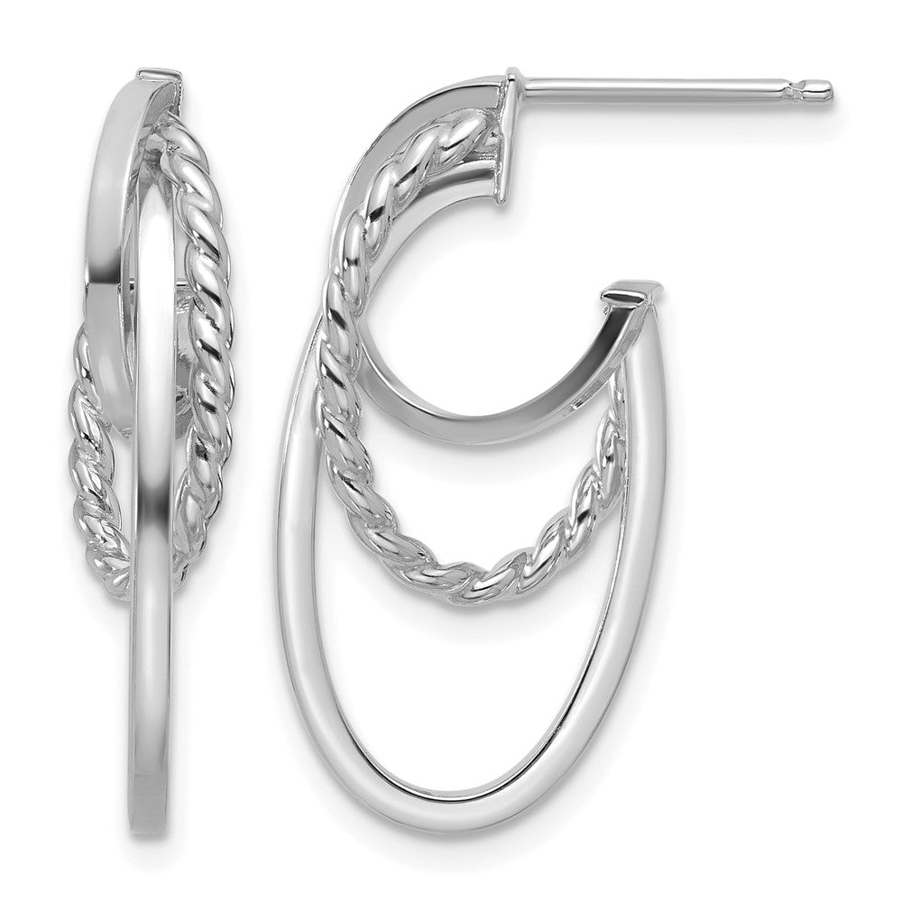 14K with White RH-plating Polish/ Twisted Oval J-Hoop Earrings