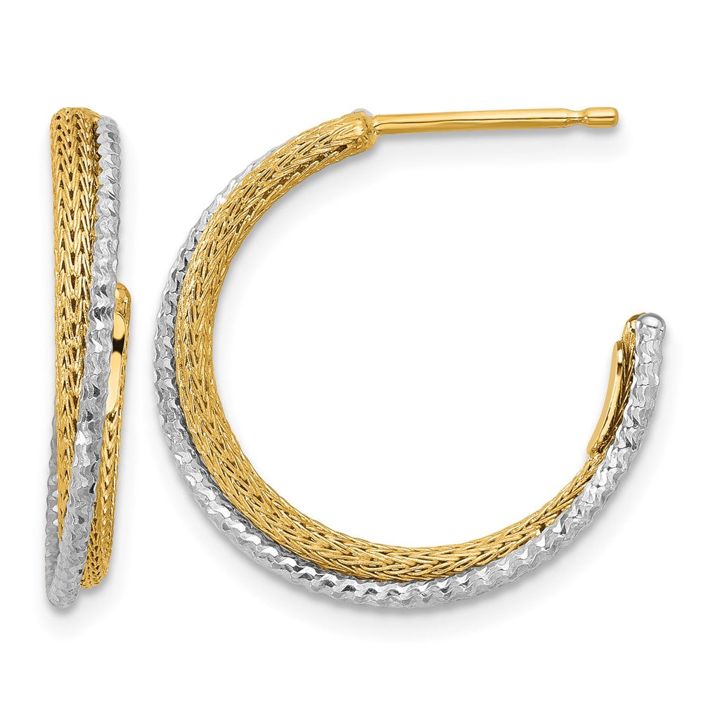 14K with Rhodium Polished/Textured/Dia-cut J-Hoop Earrings