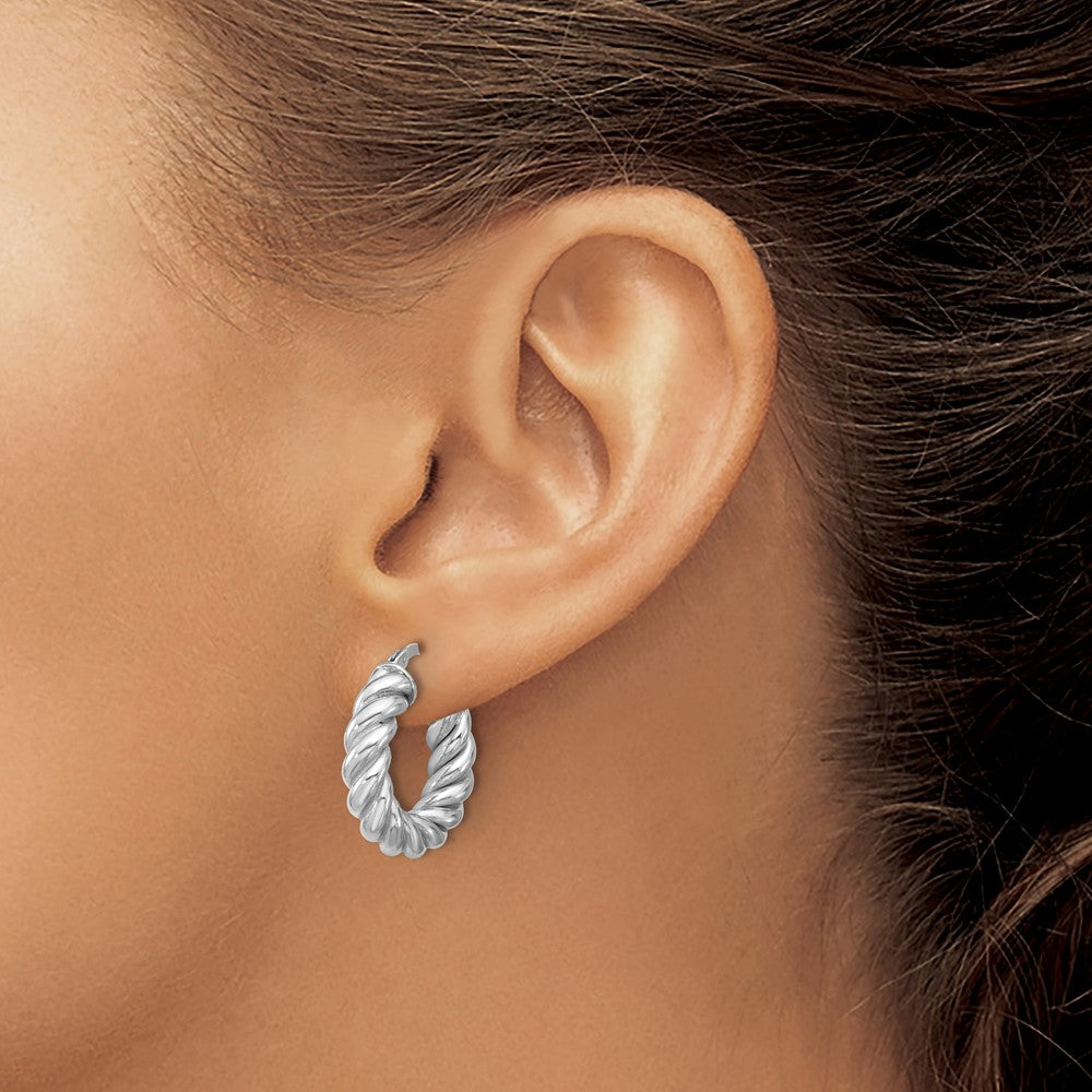 14K with White RH-plat Polished/Twisted Round Hoop Earrings