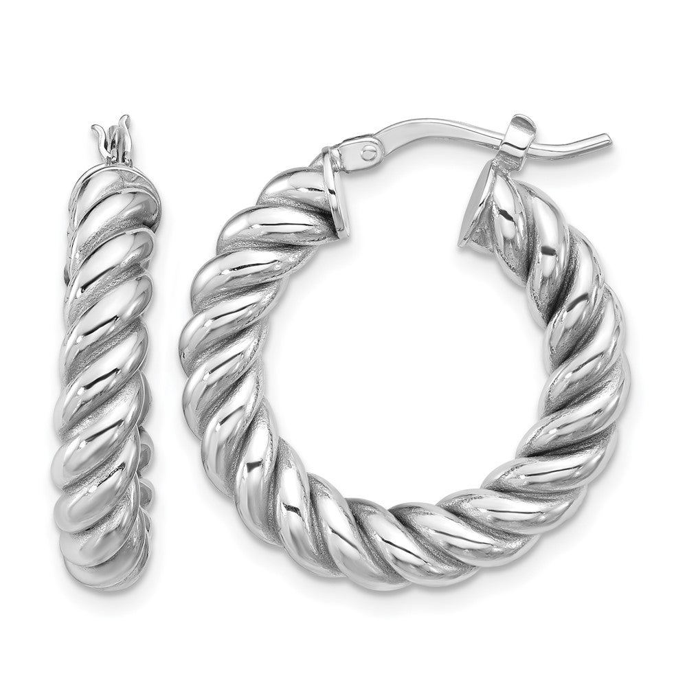 14K with White RH-plat Polished/Twisted Round Hoop Earrings