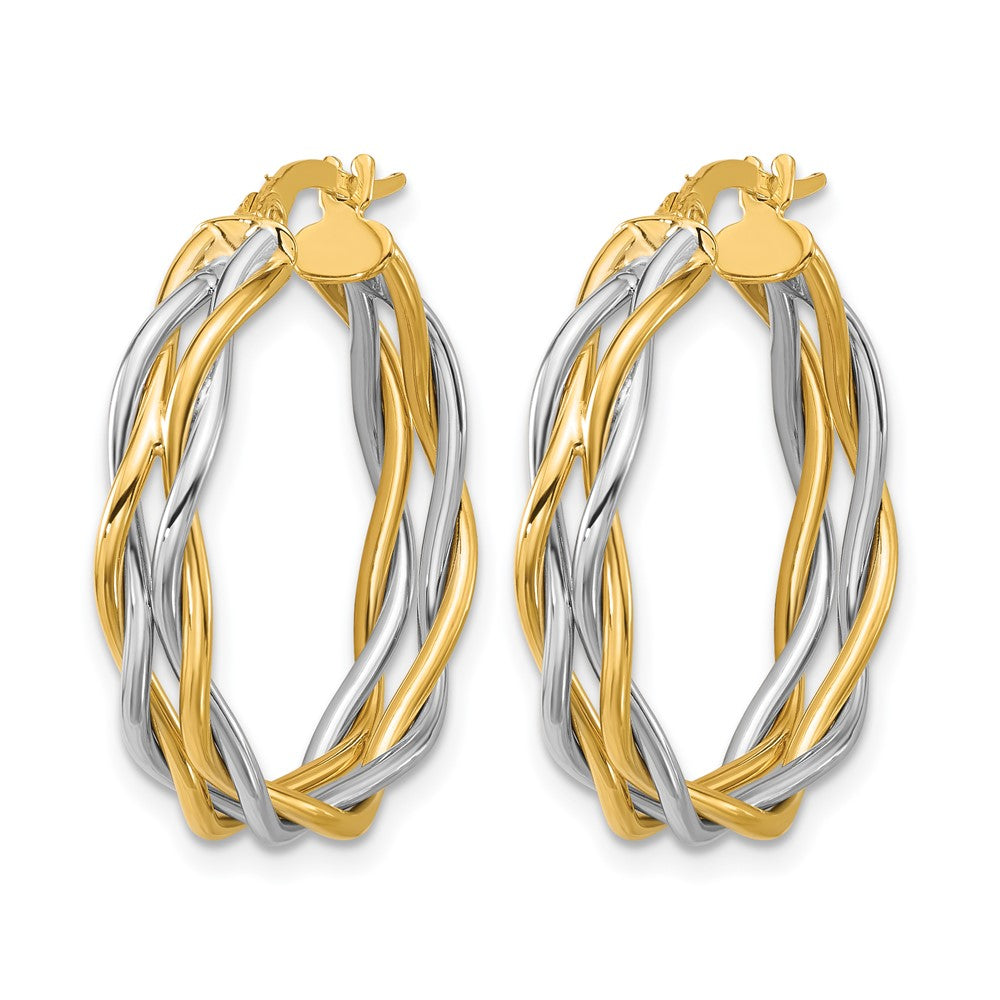 14K with Rhodium Polished Twisted Round Hoop Earrings