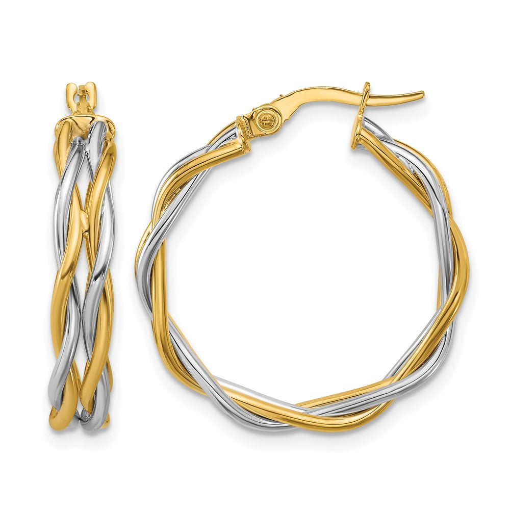 14K with Rhodium Polished Twisted Round Hoop Earrings