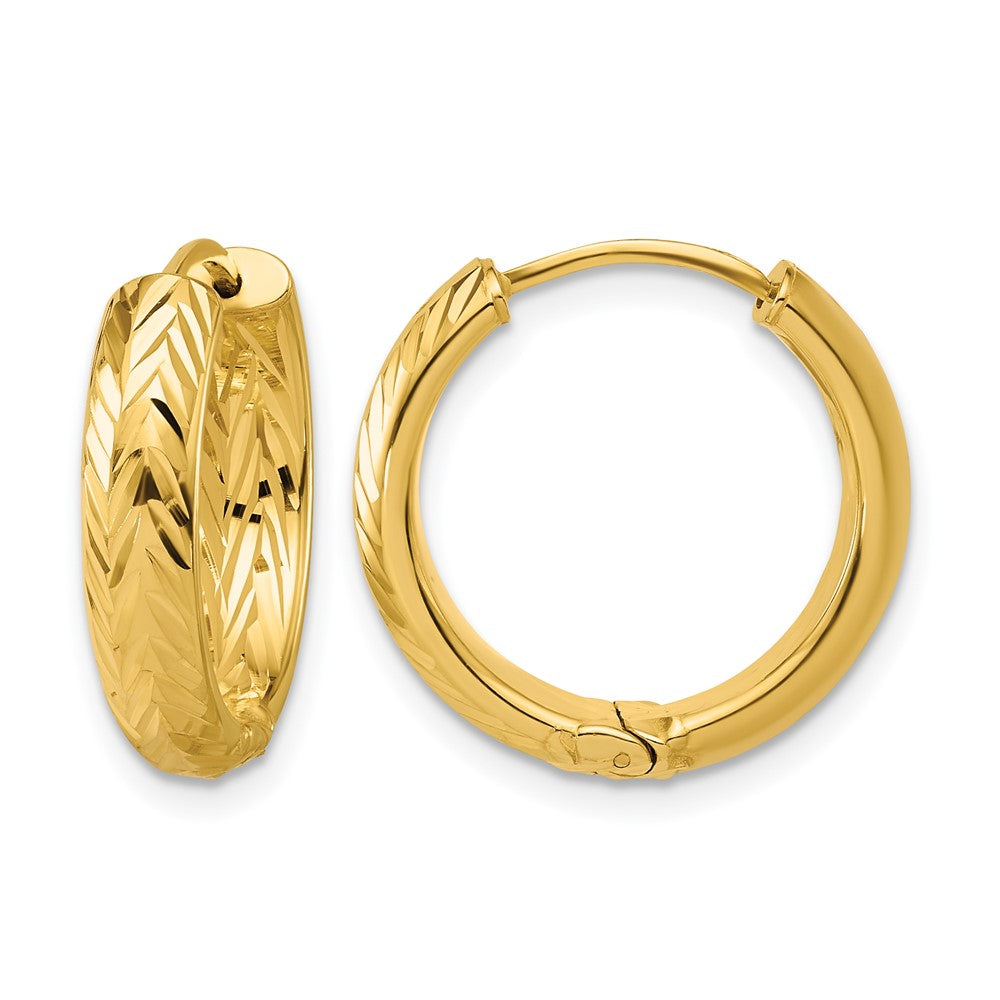 ' 14K Polished and Dia-cut Hinged Hoop Earrings