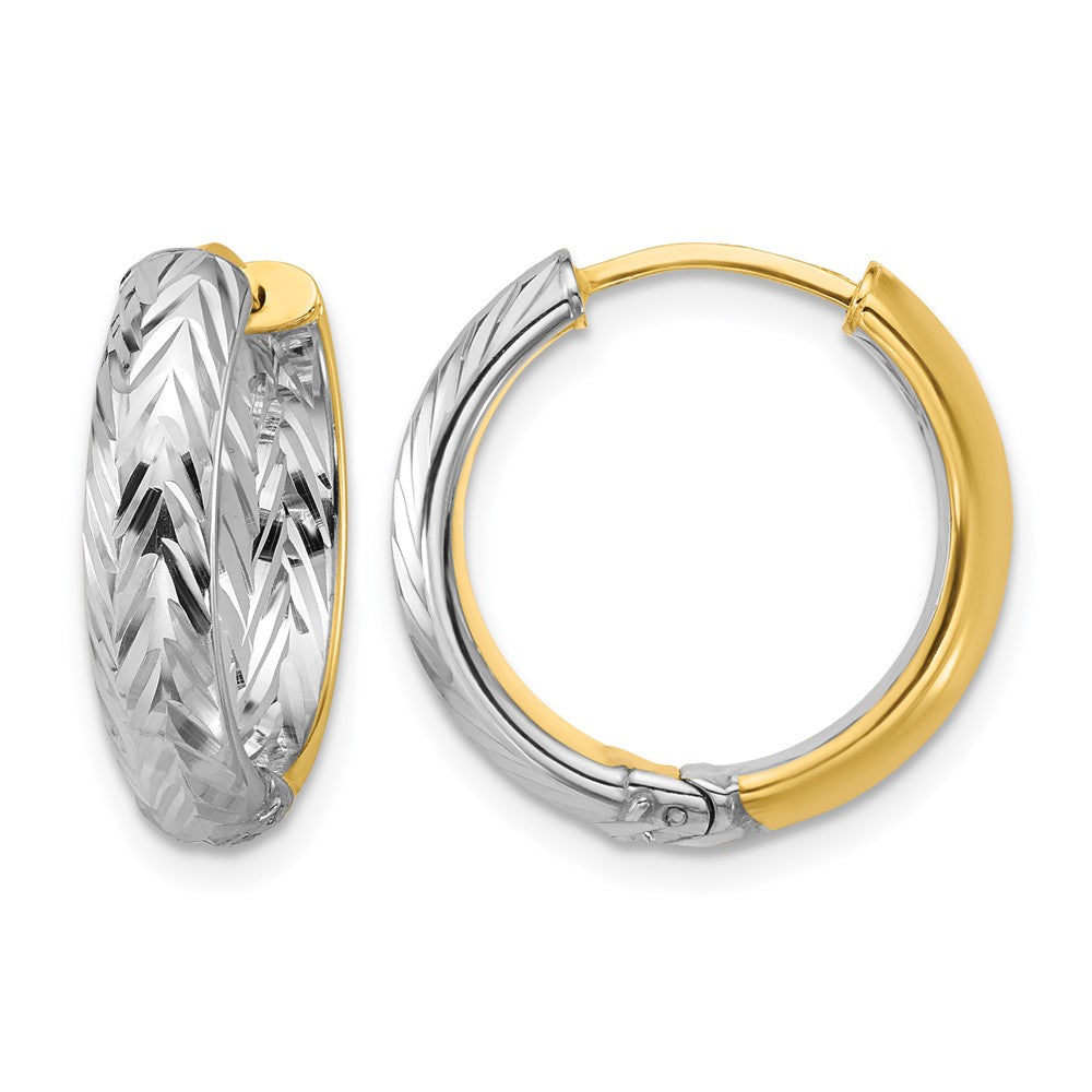 14K with Rhodium Polished/Dia-cut Hinged Hoop Earrings