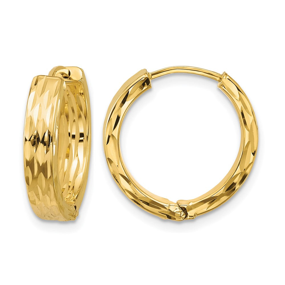 ' 14K Polished and Dia-cut Square Tube Hinged Hoop Earrings
