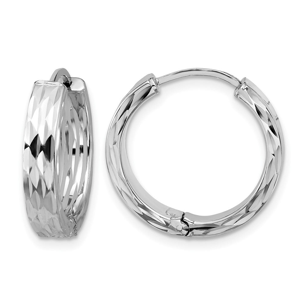 ' 14K with Wht RH-plat Polished/Dia-cut Hinged Hoop Earrings