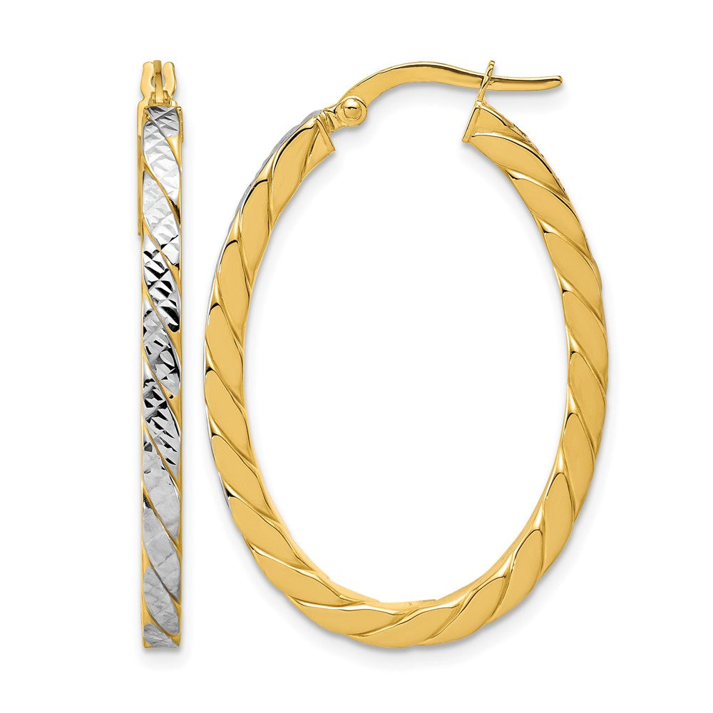 14K with Rhodium Polished and Dia-Cut Oval Hoop Earrings