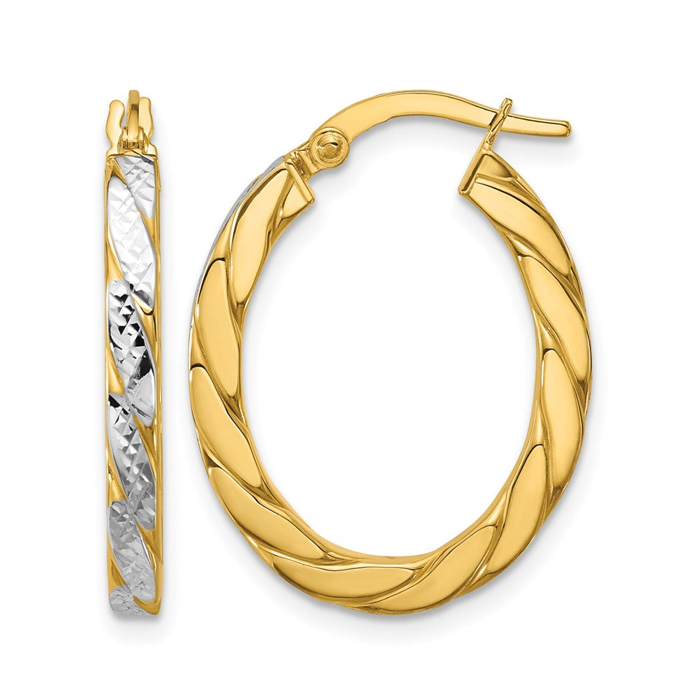 14K with Rhodium Polished and Dia-Cut Oval Hoop Earrings