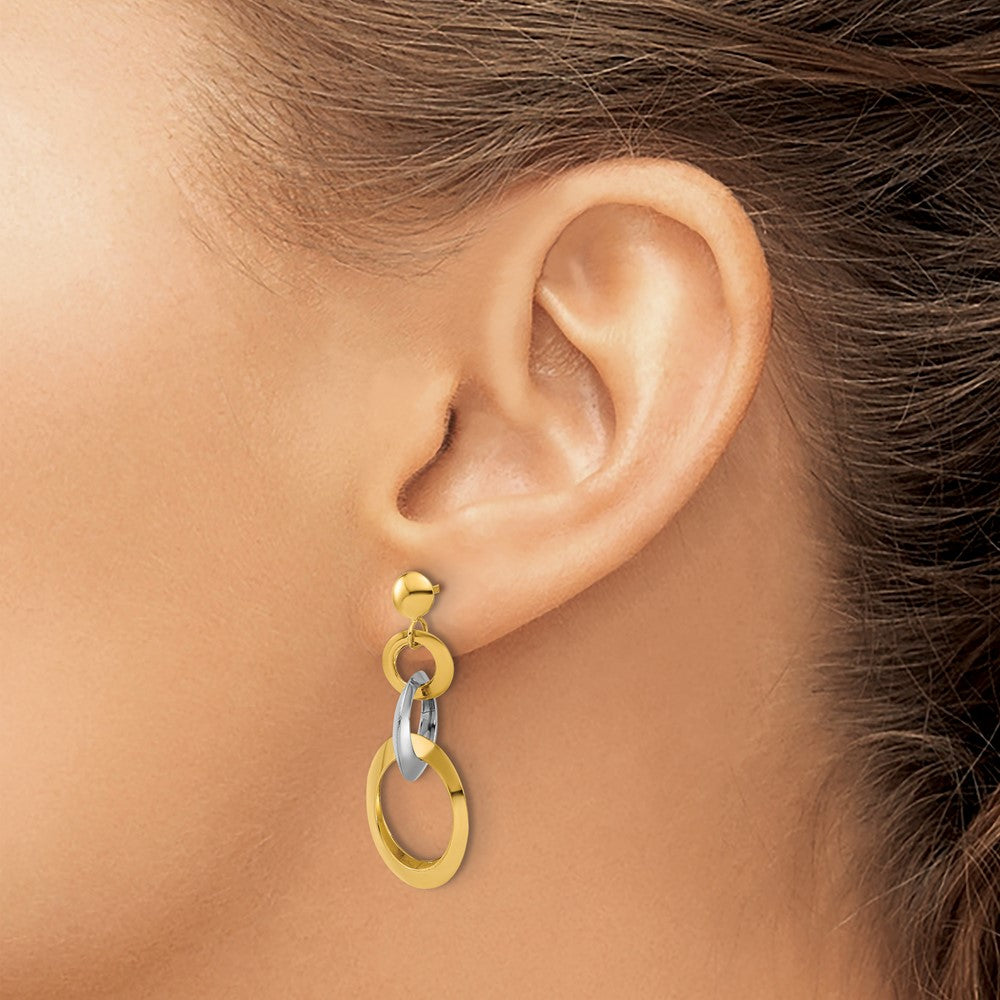 14K Two-tone Polished Circle Link Dangle Post Earrings