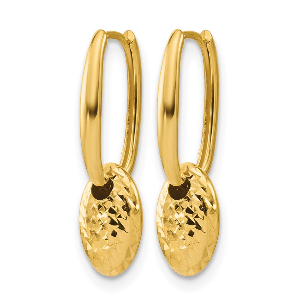 14K Polished / Dia-cut Oval with Bead Hinged Hoop Earrings