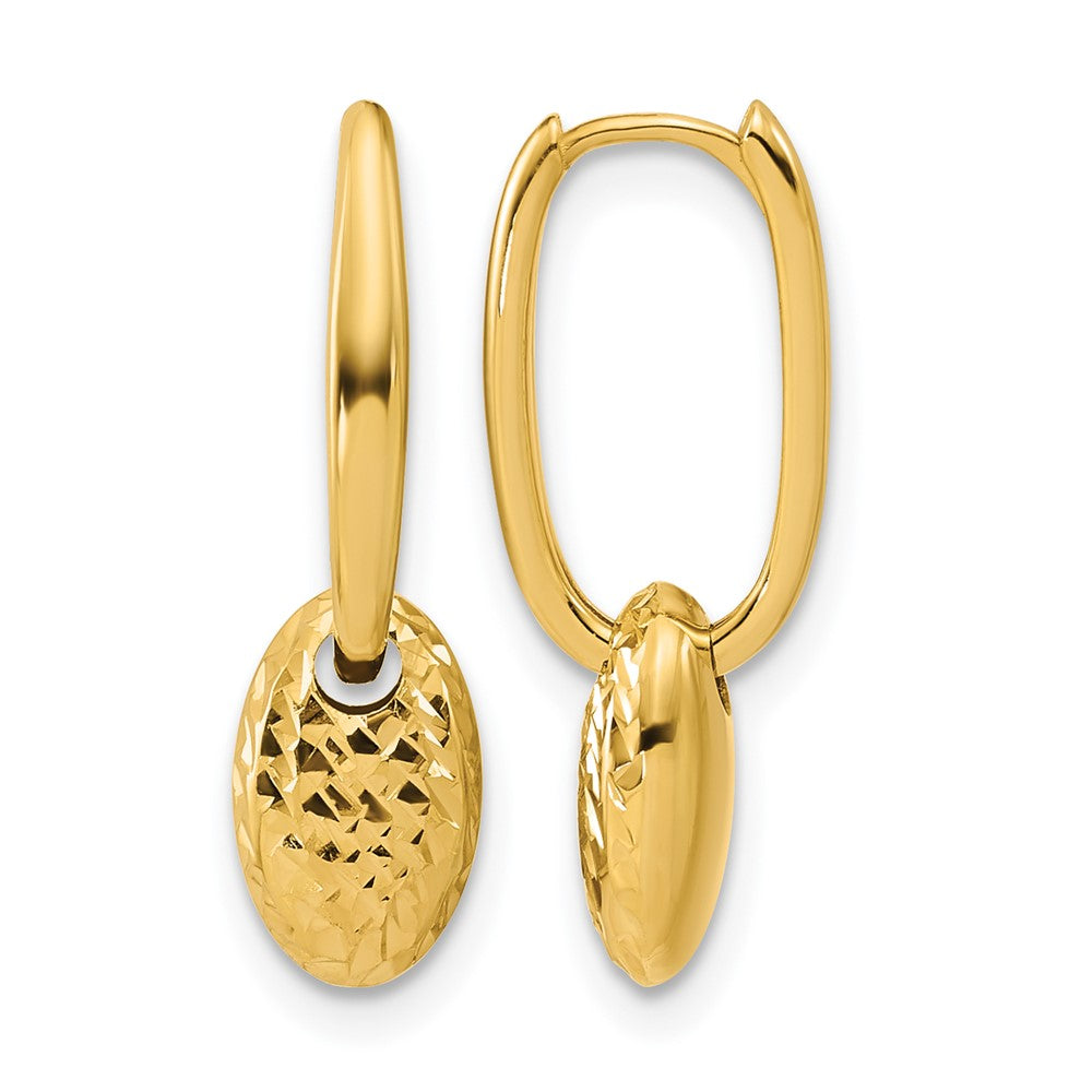 14K Polished / Dia-cut Oval with Bead Hinged Hoop Earrings