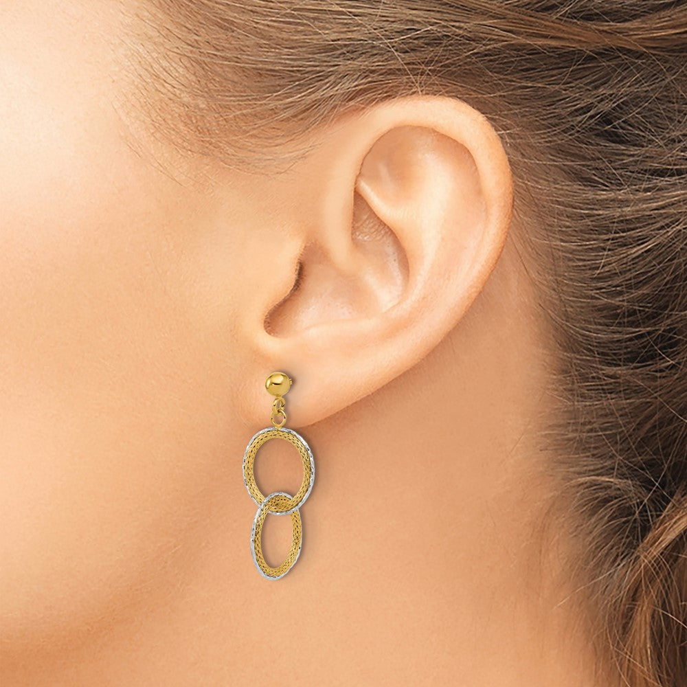 14KTT Polished Brushed Diamond-cut Circles Post Dangle Earrings