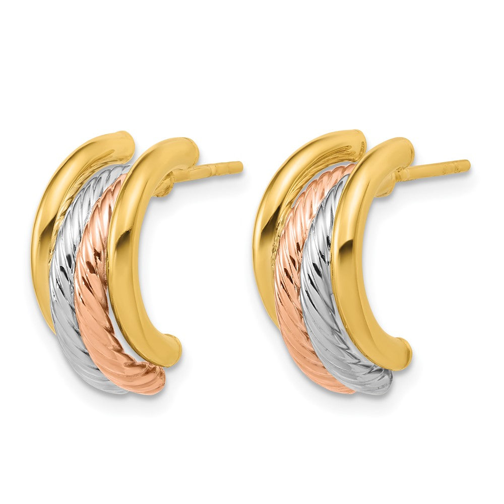 14K with Rhod/Rose Gold-plat Polished/Twisted J-Hoop Post Earrings