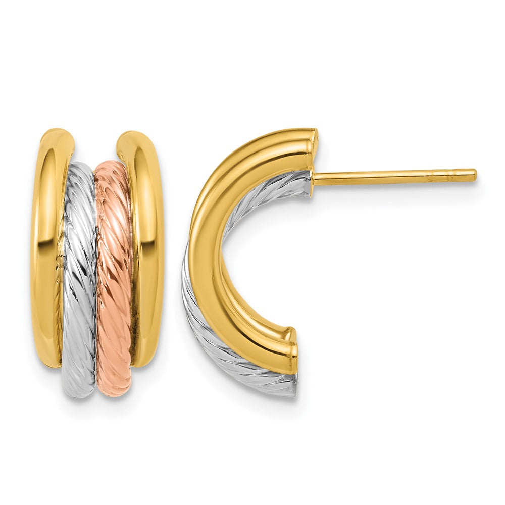 14K with Rhod/Rose Gold-plat Polished/Twisted J-Hoop Post Earrings