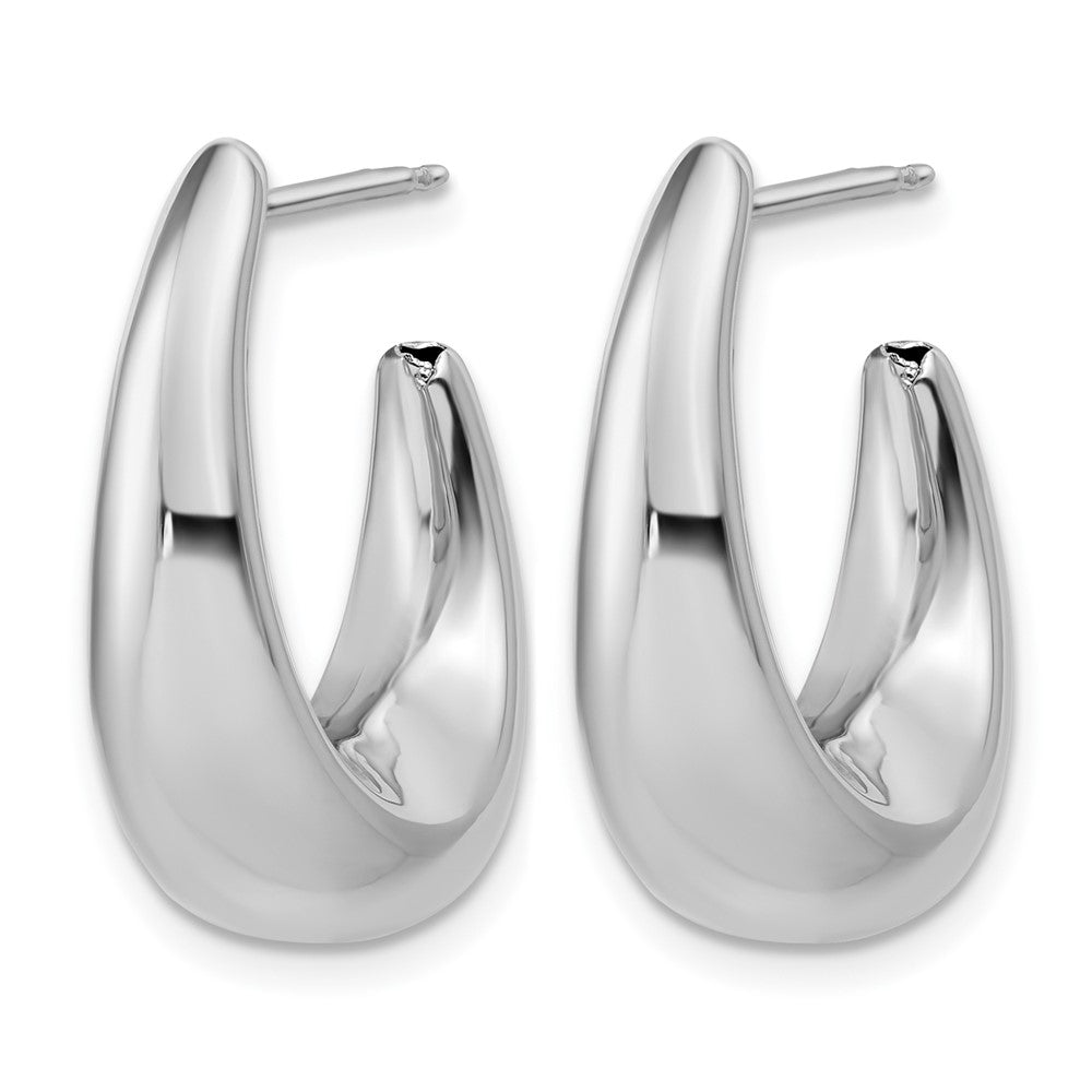 14K with Wht Rhodium Plating Polished Hollow J-Hoop Post Earrings
