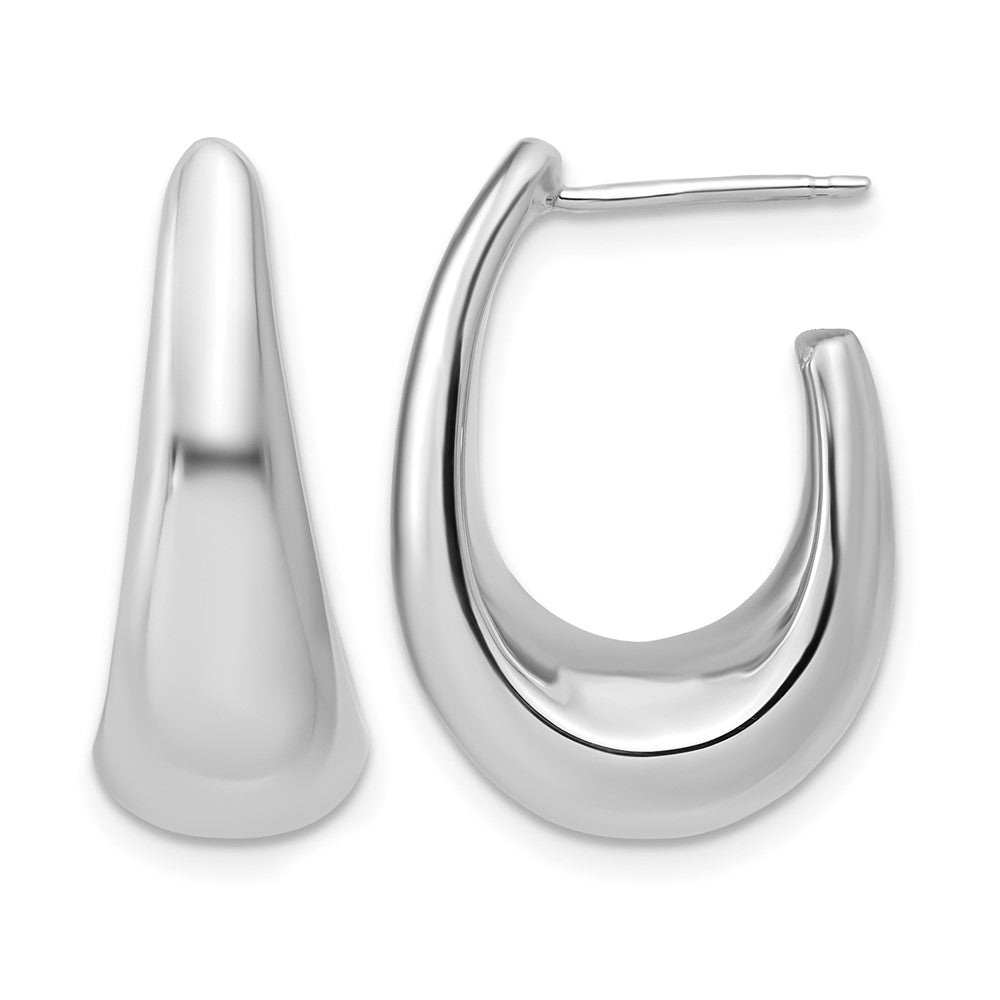 14K with Wht Rhodium Plating Polished Hollow J-Hoop Post Earrings