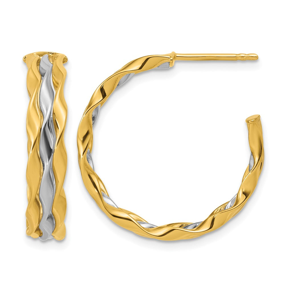 14K with Rhodium Polished Wave J-Hoop Post Earrings