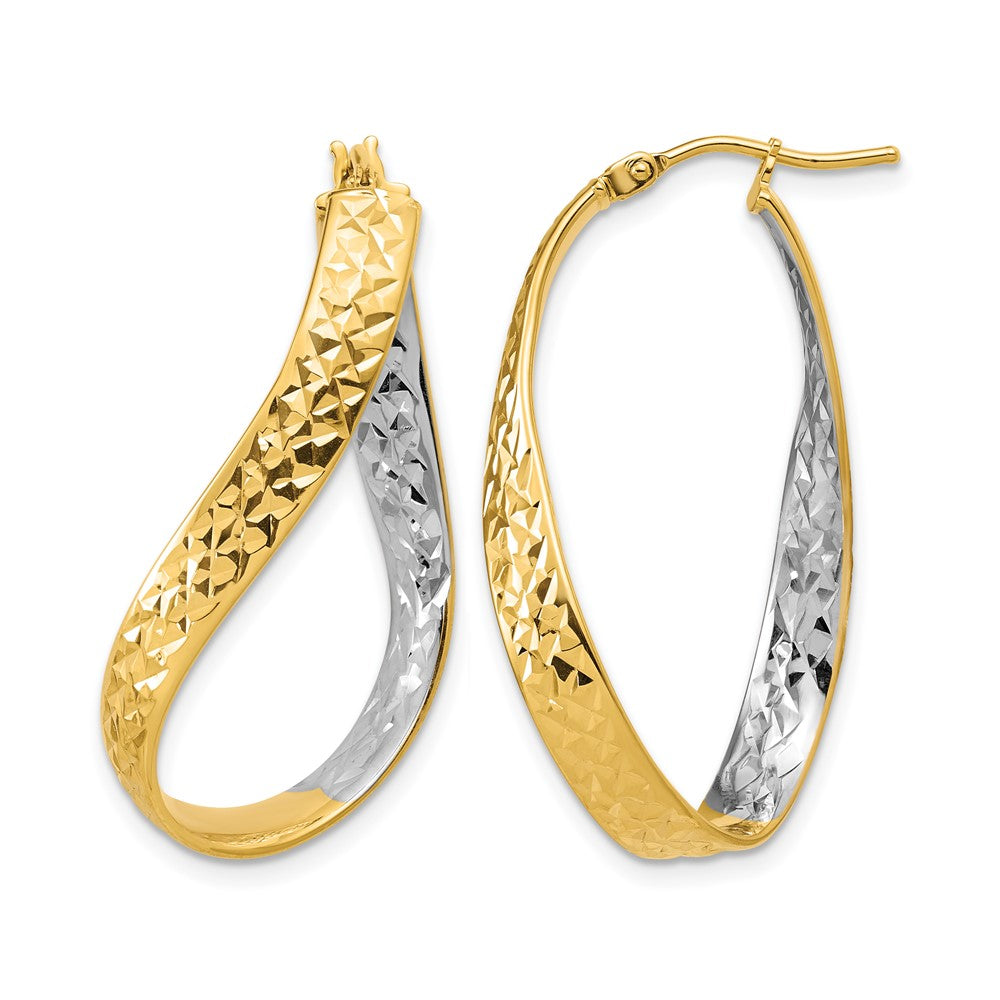 14K with Rhodium Polished/Diamond-cut Twist In and Out Hoop Earrings