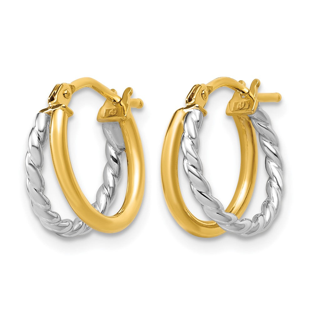 14K with Rhodium Polished and Twisted 2-row J-Hoop Earrings