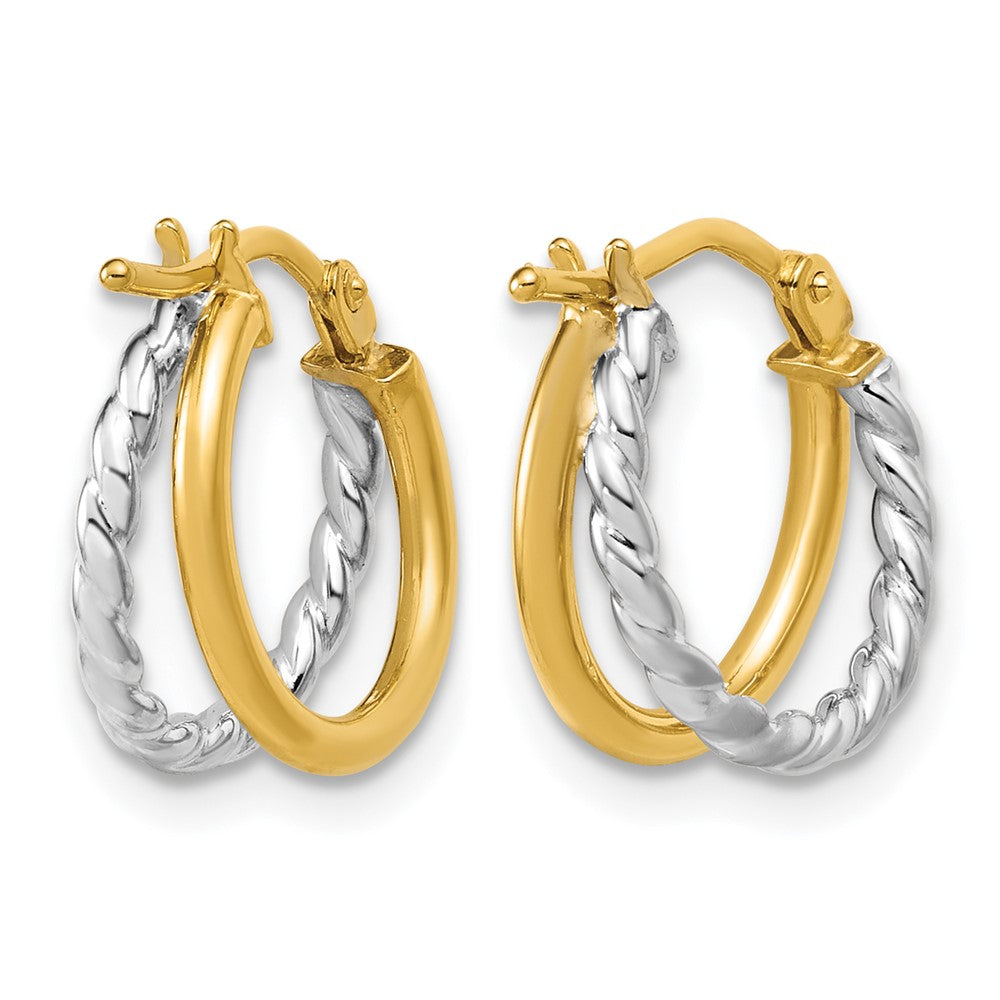 14K with Rhodium Polished and Twisted 2-row J-Hoop Earrings