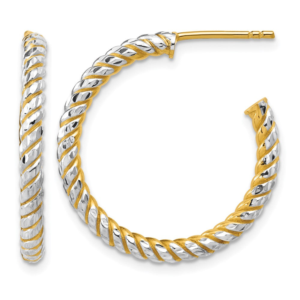 14K with Rhodium Polished and Diamond-cut J-Hoop Earrings