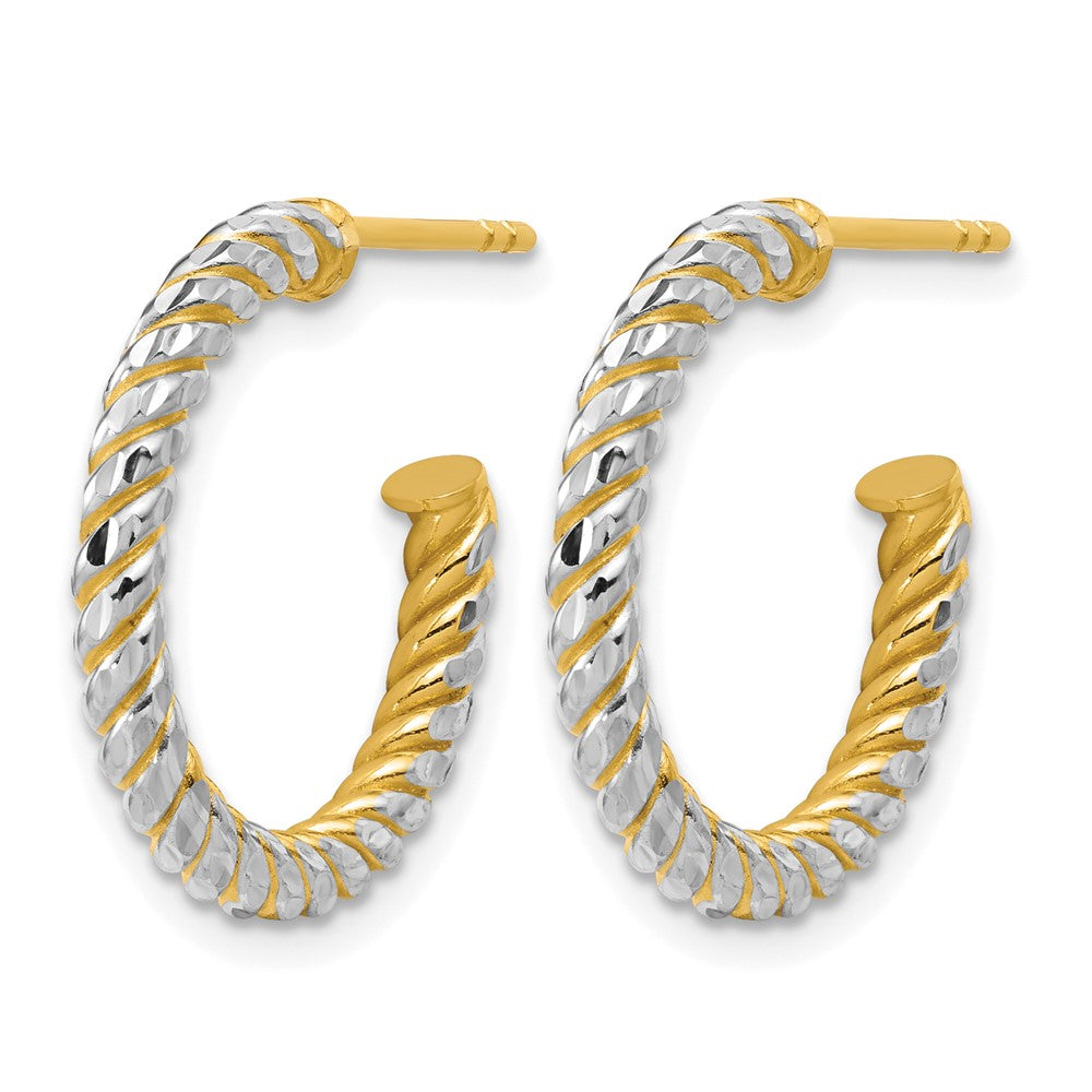 14K with Rhodium Polished and Diamond-cut J-Hoop Earrings